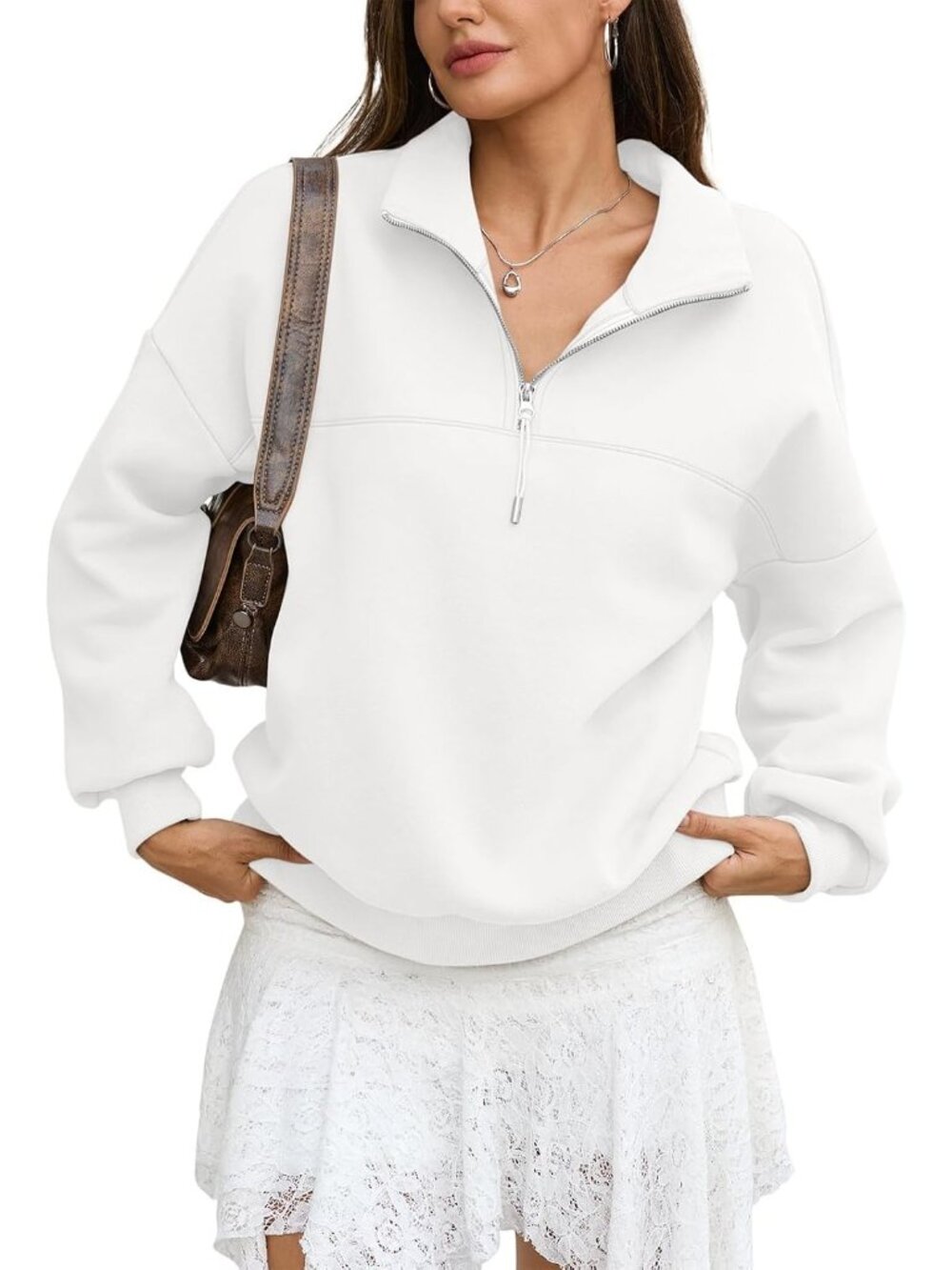 🆕Women's White Fleece Quarter Zip Pullover Oversized Long Sleeve Sweater